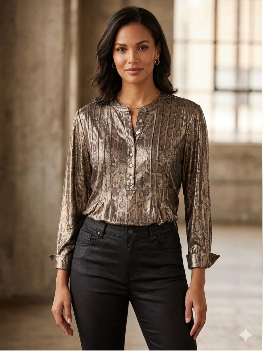 Roz & Ali Metallic Snake-Print Henley Blouse - Taupe